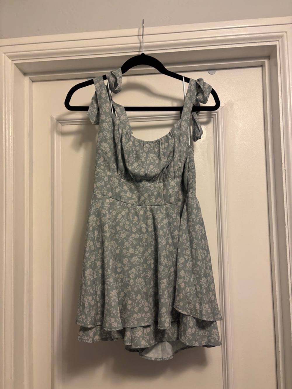 Altar'd State Sage Green Floral Romper with Tie Shoulders